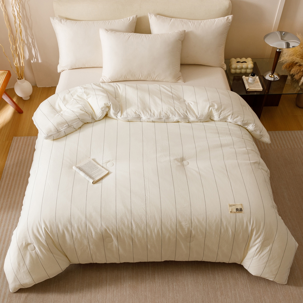 91家纺网 家纺一手货源 找家纺 子由家居 2025新款全棉纯棉无印条纹99大豆被被子被芯 条纹99子母被-自然光