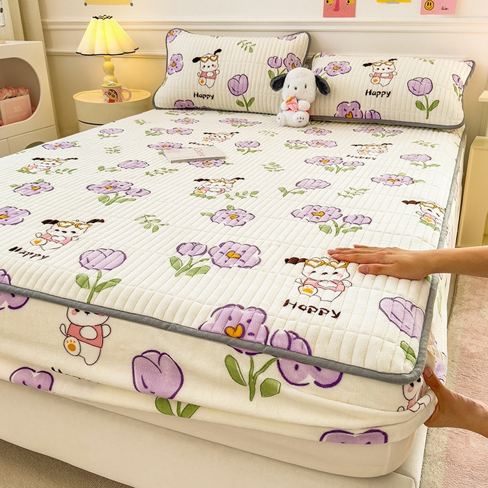 摩妮卡 2025新款小清新系列印花牛奶绒夹棉床笠三件套 秘密花园