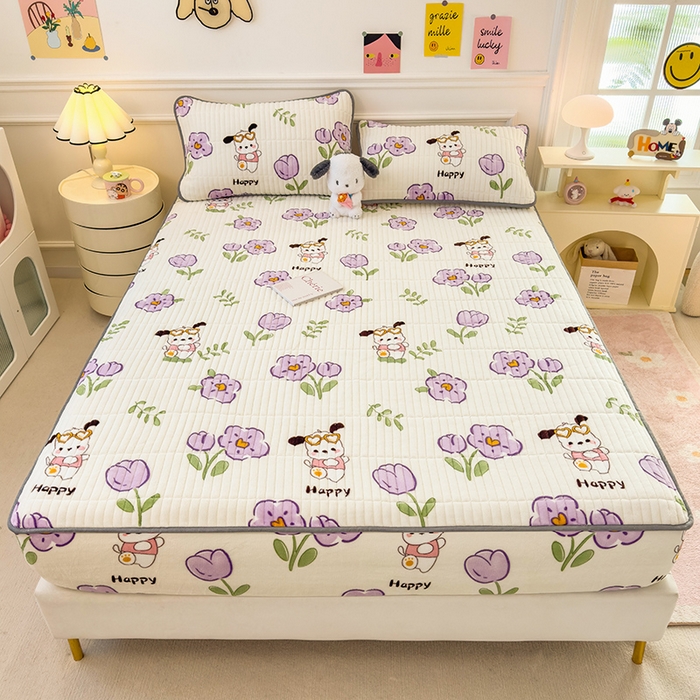 91家纺网 家纺一手货源 找家纺 摩妮卡 2025新款小清新系列印花牛奶绒夹棉床笠三件套 秘密花园