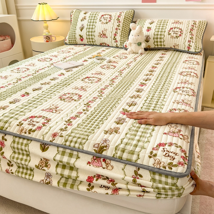 摩妮卡 2025新款小清新系列印花牛奶绒夹棉床笠三件套 情系花香