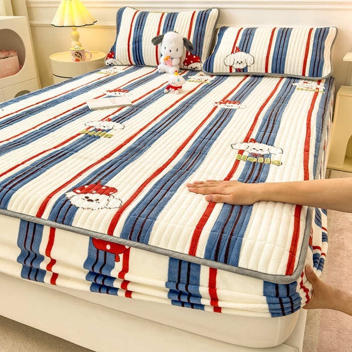 摩妮卡 2025新款小清新系列印花牛奶绒夹棉床笠三件套 旺星人