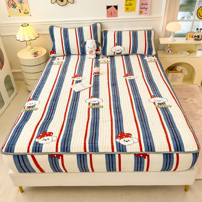 91家纺网 家纺一手货源 找家纺 摩妮卡 2025新款小清新系列印花牛奶绒夹棉床笠三件套 旺星人