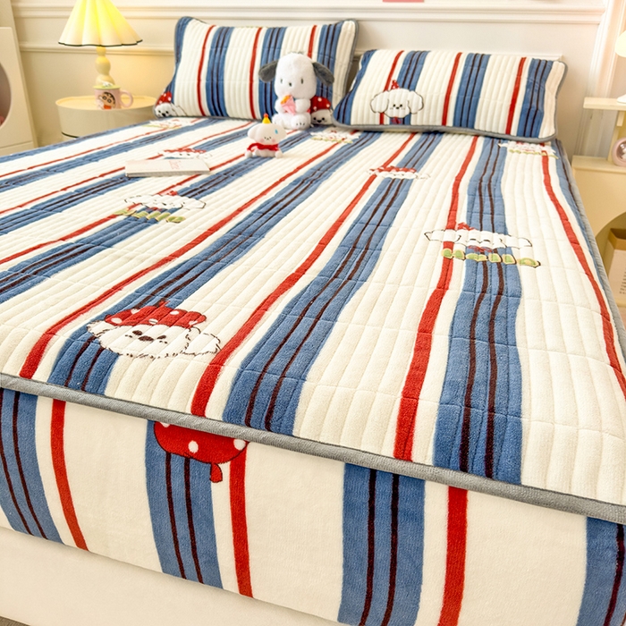 91家纺网 家纺一手货源 找家纺 摩妮卡 2025新款小清新系列印花牛奶绒夹棉床笠三件套 旺星人