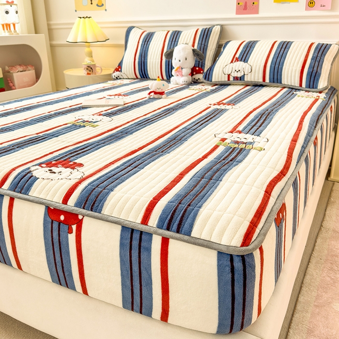 91家纺网 家纺一手货源 找家纺 摩妮卡 2025新款小清新系列印花牛奶绒夹棉床笠三件套 旺星人