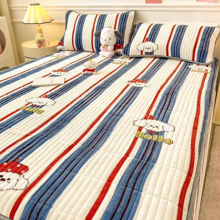 91家纺网 家纺一手货源 找家纺 摩妮卡 2025新款小清新系列印花牛奶绒夹棉床笠三件套 旺星人