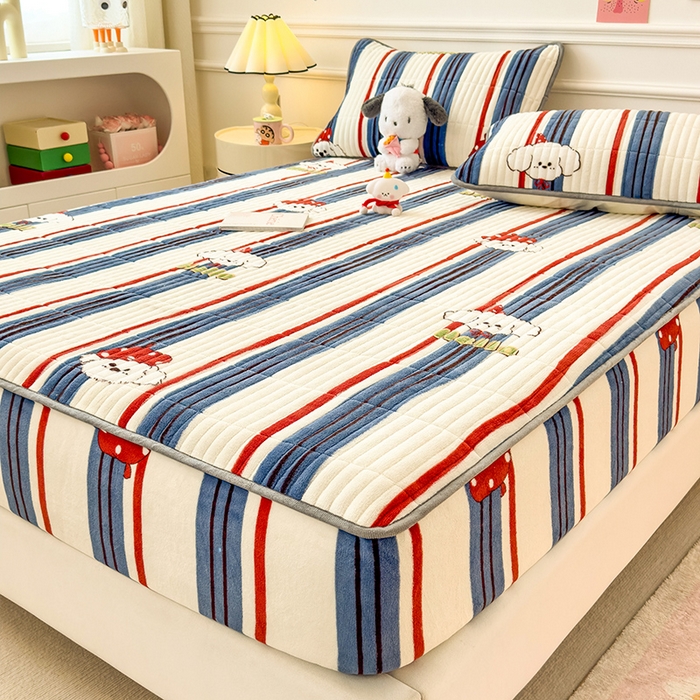 91家纺网 家纺一手货源 找家纺 摩妮卡 2025新款小清新系列印花牛奶绒夹棉床笠三件套 旺星人