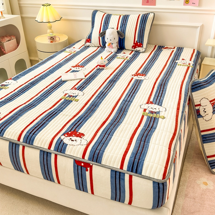 91家纺网 家纺一手货源 找家纺 摩妮卡 2025新款小清新系列印花牛奶绒夹棉床笠三件套 旺星人