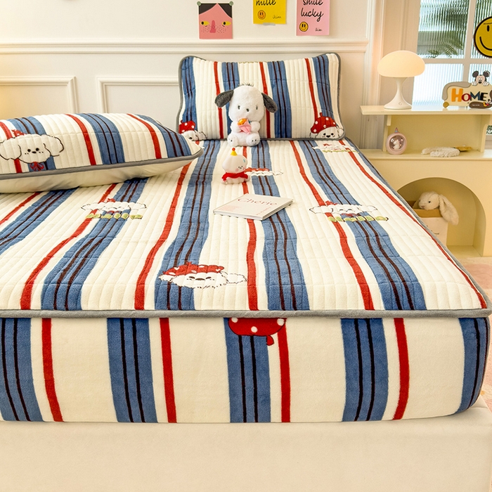 91家纺网 家纺一手货源 找家纺 摩妮卡 2025新款小清新系列印花牛奶绒夹棉床笠三件套 旺星人