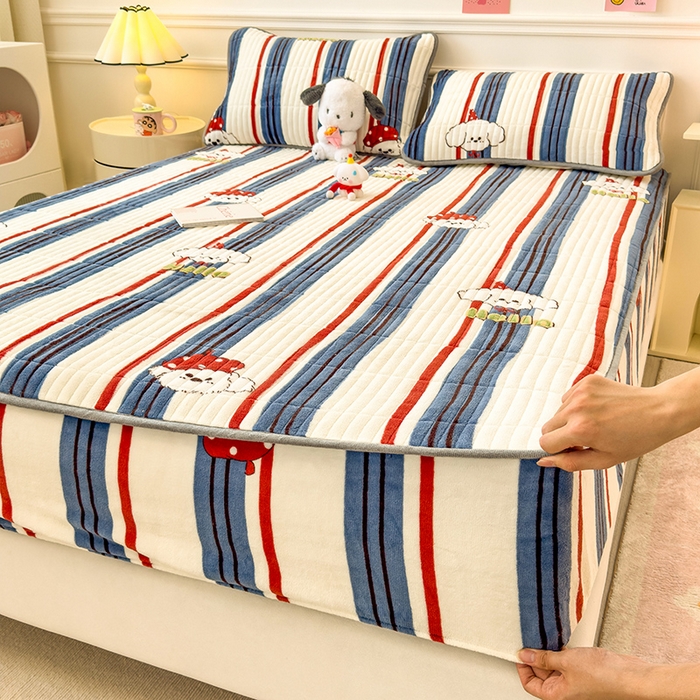 91家纺网 家纺一手货源 找家纺 摩妮卡 2025新款小清新系列印花牛奶绒夹棉床笠三件套 旺星人