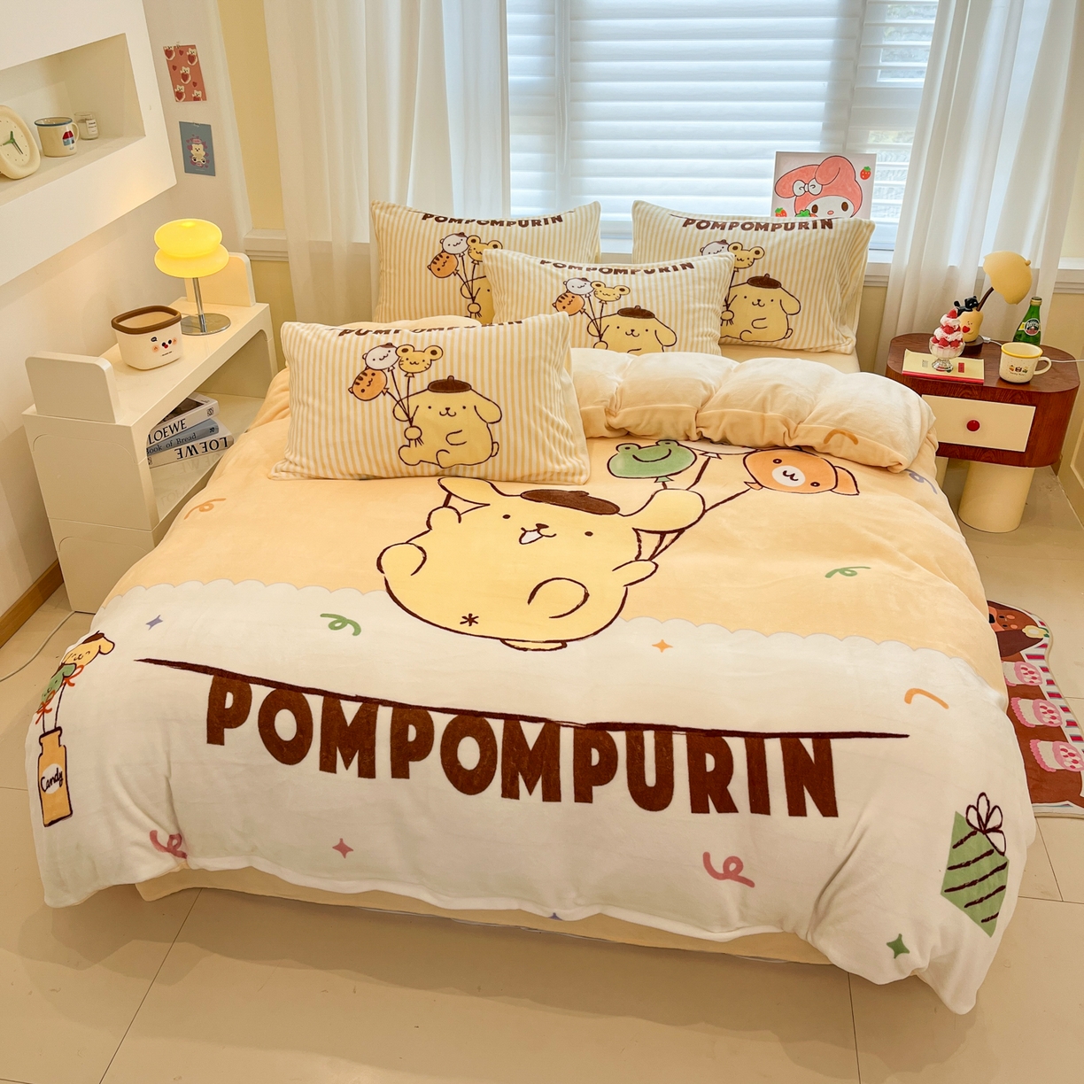 91家纺网 家纺一手货源 找家纺 金爱家 2025新品大版卡通平网数码印花加厚高克重牛奶绒皮卡丘系列四件套 绒大版-奶黄布丁狗