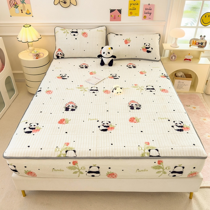 91家纺网 家纺一手货源 找家纺 摩妮卡 2025新款小清新系列印花牛奶绒夹棉床笠三件套 小可爱