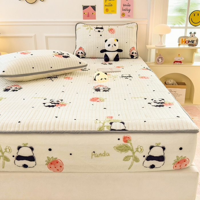 91家纺网 家纺一手货源 找家纺 摩妮卡 2025新款小清新系列印花牛奶绒夹棉床笠三件套 小可爱