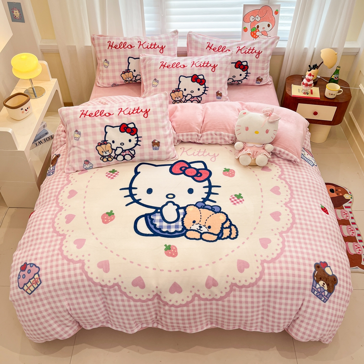 金爱家 2025新品大版卡通平网数码印花加厚高克重牛奶绒皮卡丘系列四件套 绒大版-奶油kt