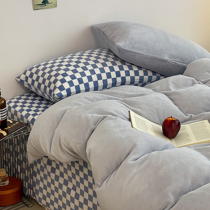 三朵家纺 2025新款法莱绒混搭四件套 粉蓝+蓝格