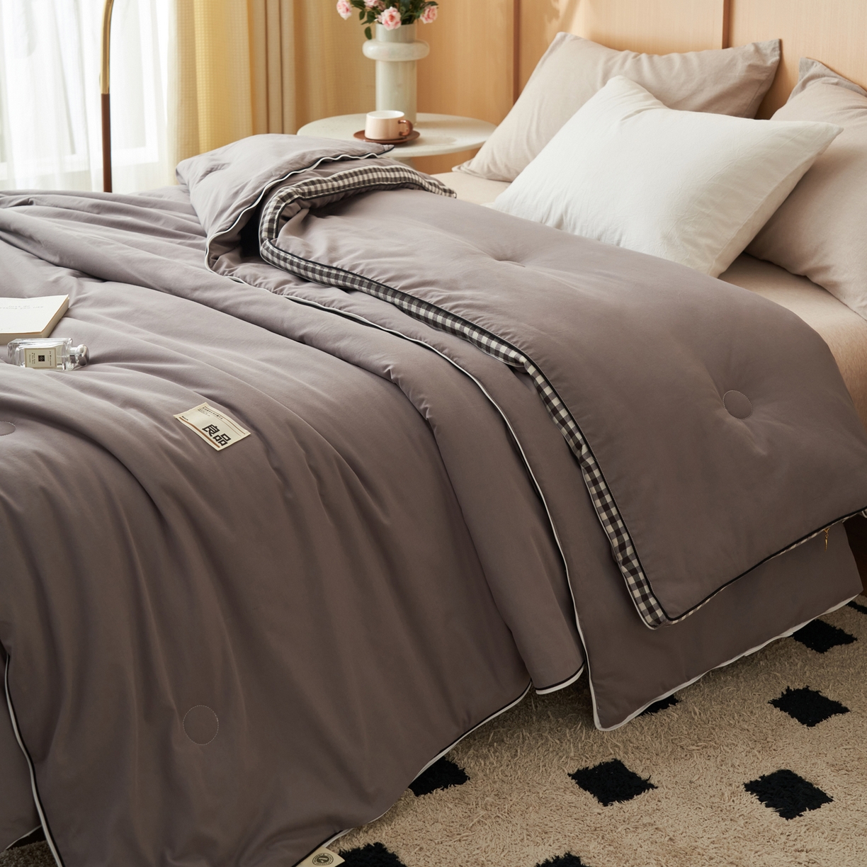 91家纺网 家纺一手货源 找家纺 子由家居 2025新款无印风棋盘格立体大豆子母被被子被芯 棋盘格子母被-暗灰
