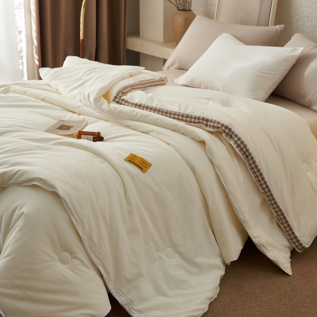 子由家居 2025新款无印风棋盘格立体大豆子母被被子被芯 棋盘格子母被-本白