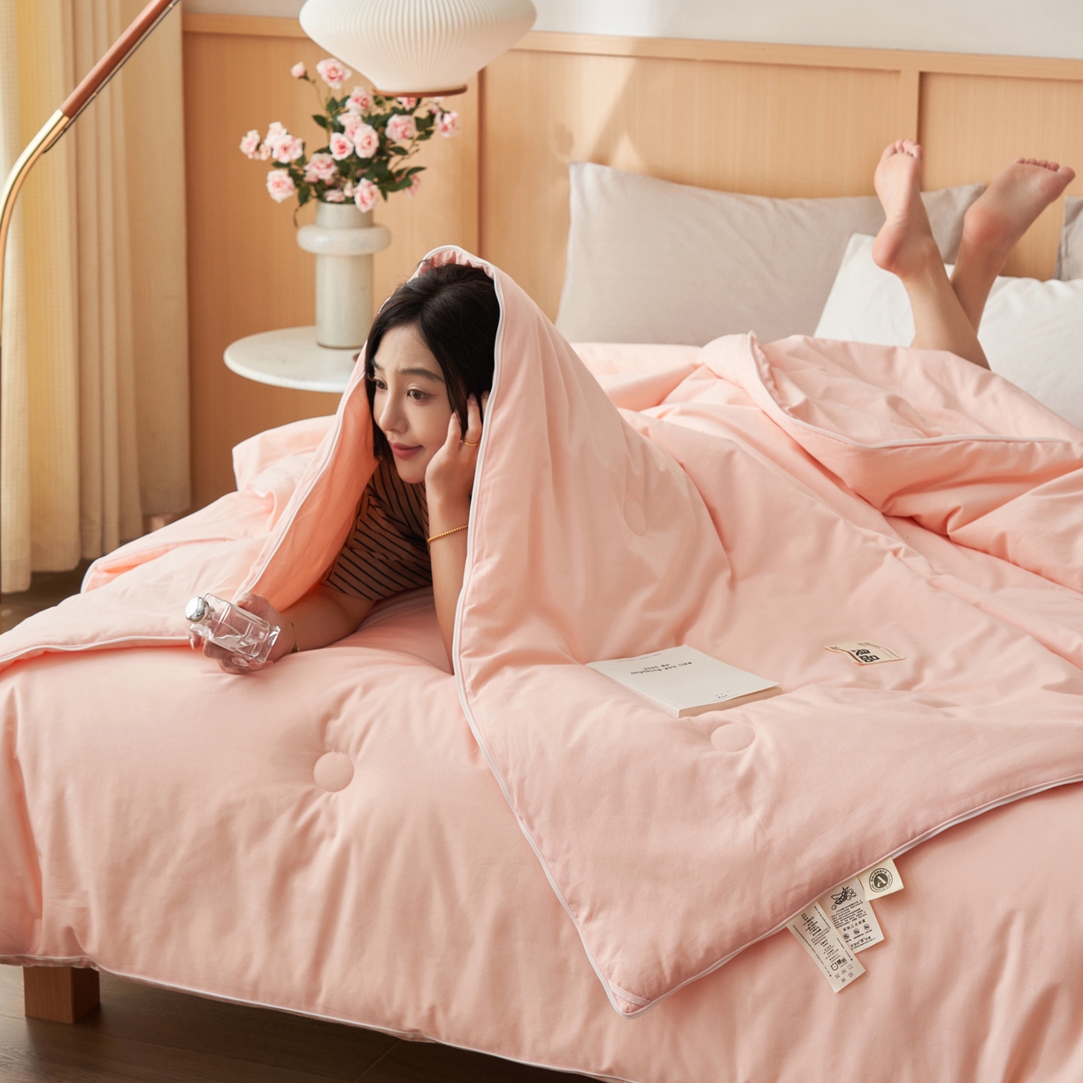 91家纺网 家纺一手货源 找家纺 子由家居 2025新款无印风棋盘格立体大豆子母被被子被芯 棋盘格子母被-浅粉