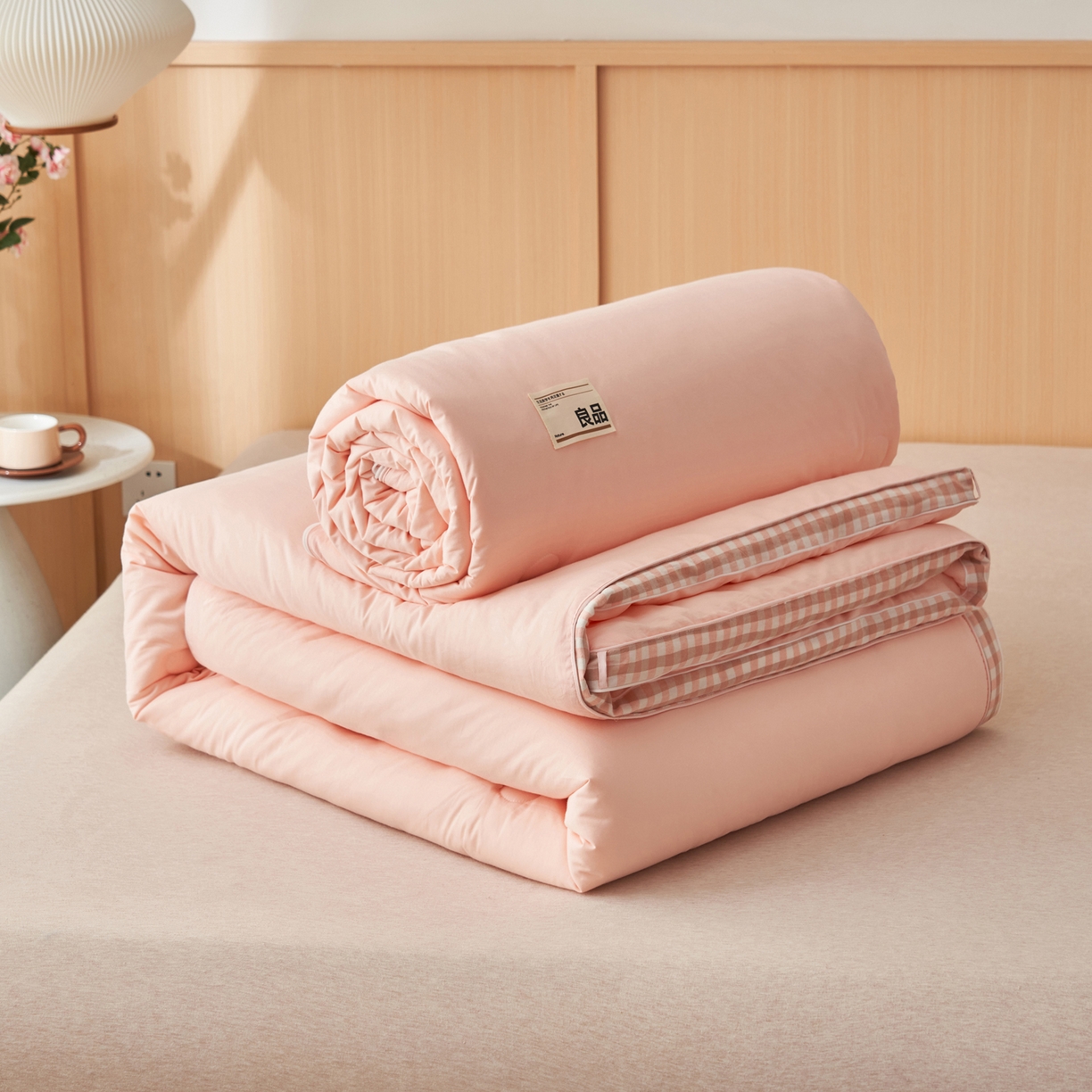 91家纺网 家纺一手货源 找家纺 子由家居 2025新款无印风棋盘格立体大豆子母被被子被芯 棋盘格子母被-浅粉