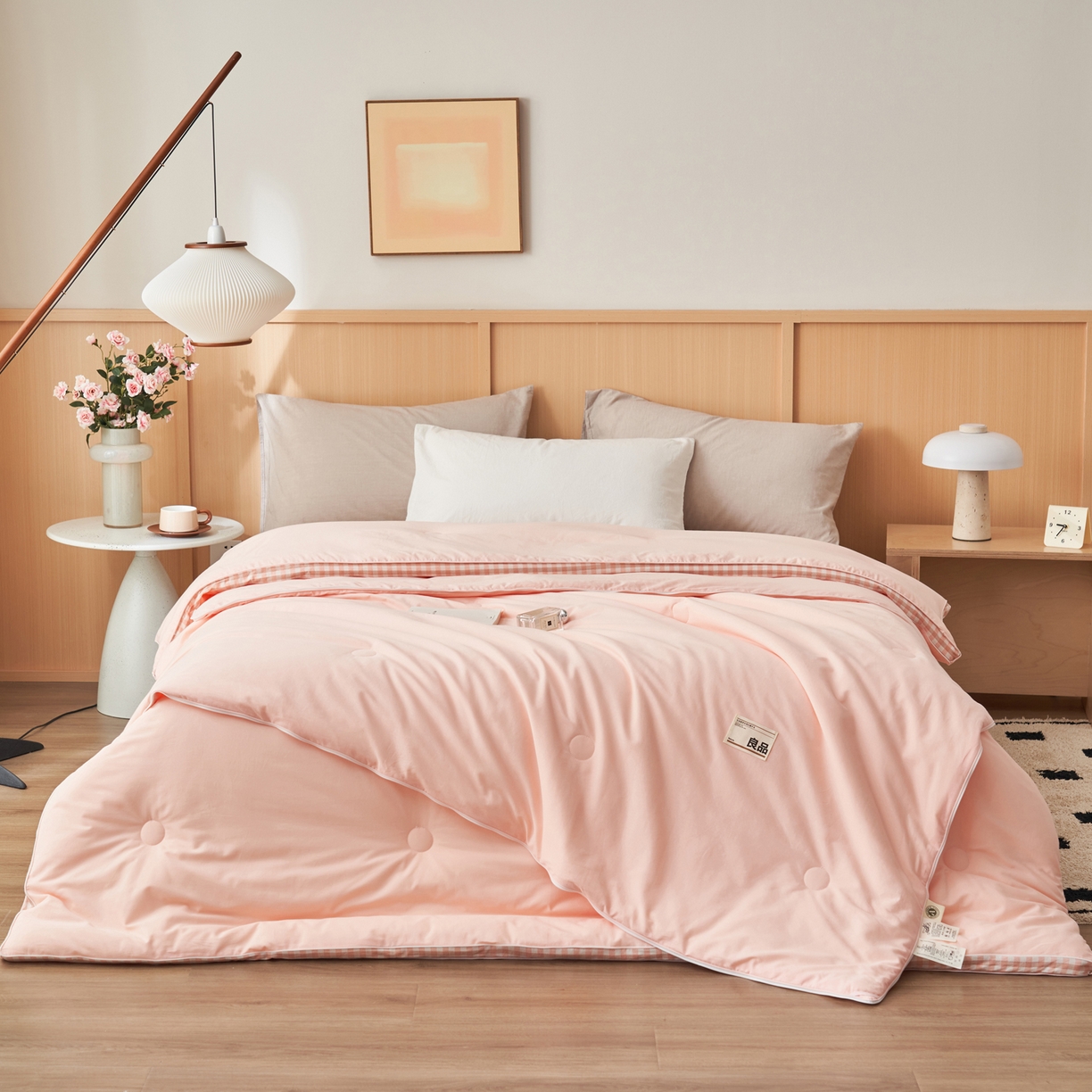 91家纺网 家纺一手货源 找家纺 子由家居 2025新款无印风棋盘格立体大豆子母被被子被芯 棋盘格子母被-浅粉