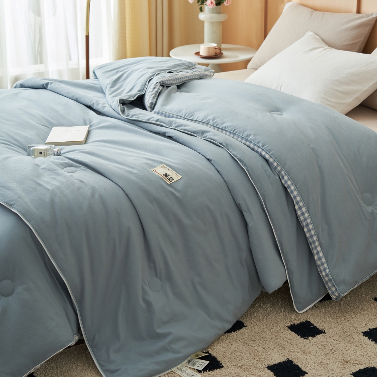 子由家居 2025新款无印风棋盘格立体大豆子母被被子被芯 棋盘格子母被-浅蓝