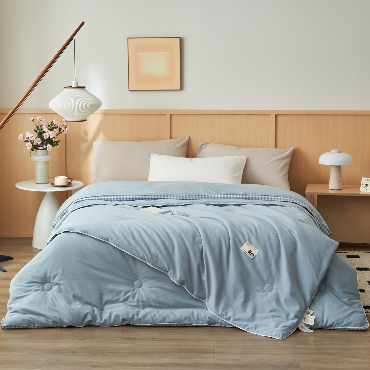 91家纺网 家纺一手货源 找家纺 子由家居 2025新款无印风棋盘格立体大豆子母被被子被芯 棋盘格子母被-浅蓝