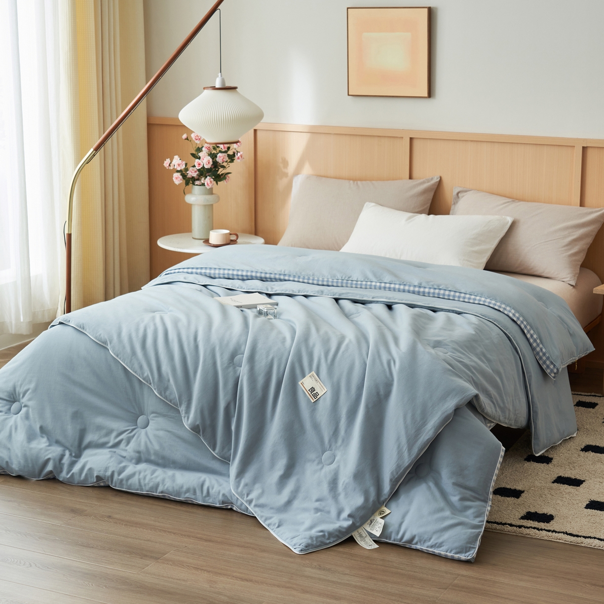 91家纺网 家纺一手货源 找家纺 子由家居 2025新款无印风棋盘格立体大豆子母被被子被芯 棋盘格子母被-浅蓝