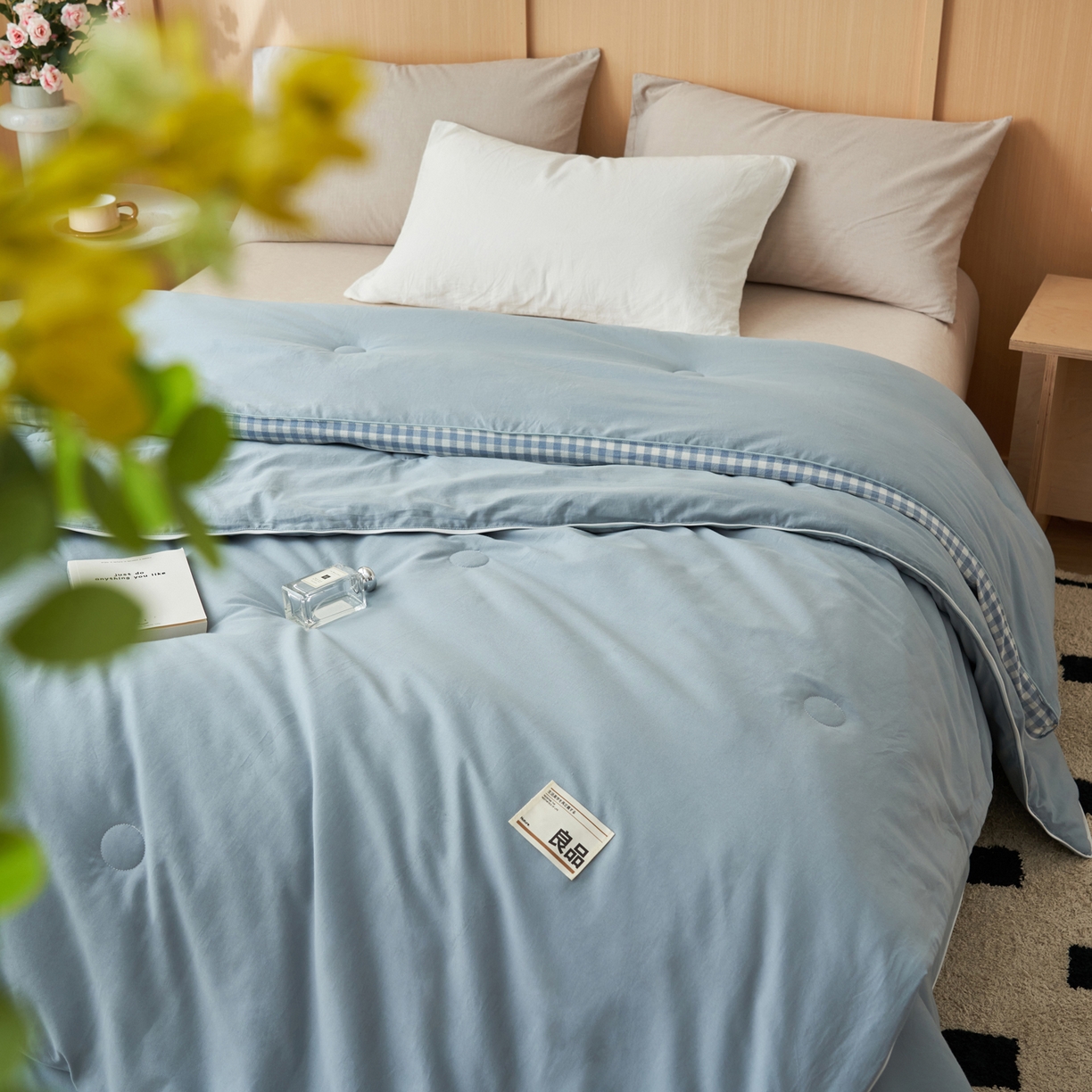 91家纺网 家纺一手货源 找家纺 子由家居 2025新款无印风棋盘格立体大豆子母被被子被芯 棋盘格子母被-浅蓝