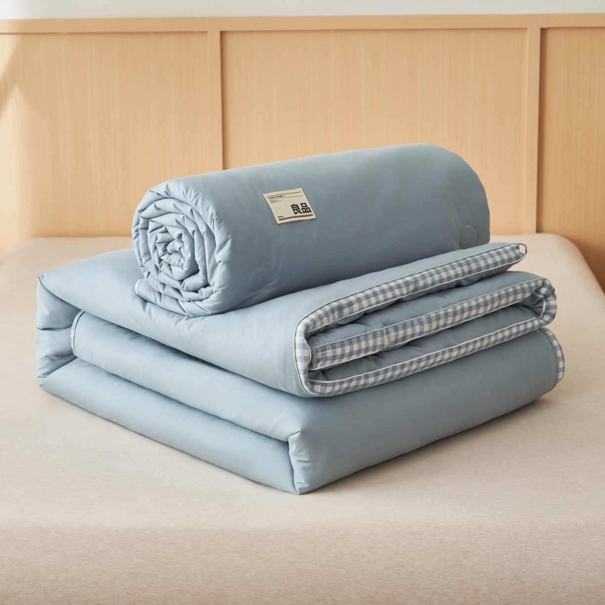 91家纺网 家纺一手货源 找家纺 子由家居 2025新款无印风棋盘格立体大豆子母被被子被芯 棋盘格子母被-浅蓝