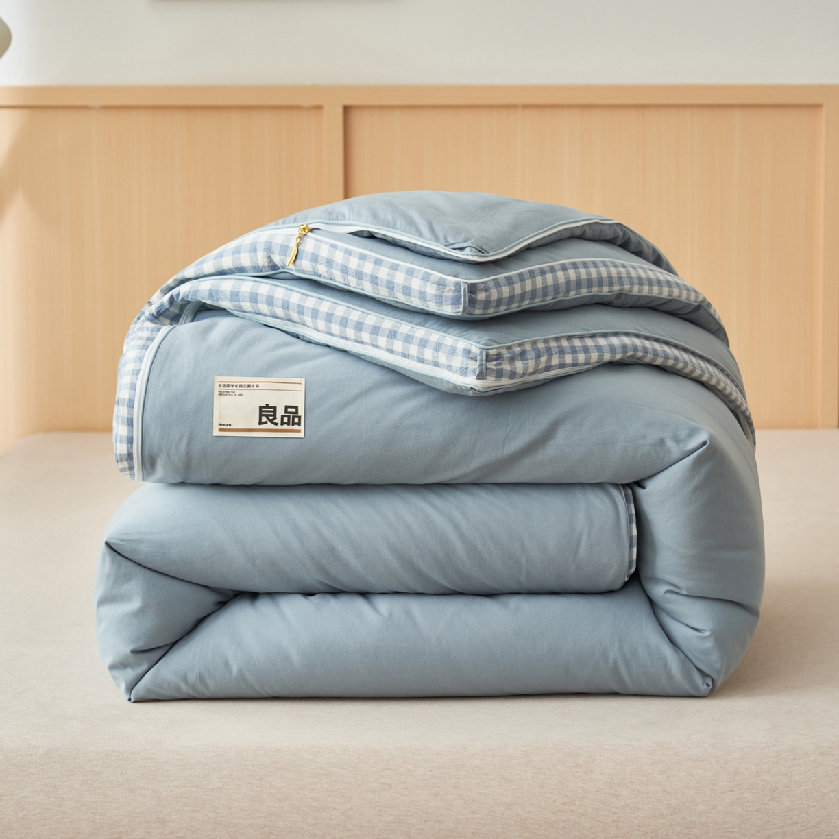 91家纺网 家纺一手货源 找家纺 子由家居 2025新款无印风棋盘格立体大豆子母被被子被芯 棋盘格子母被-浅蓝