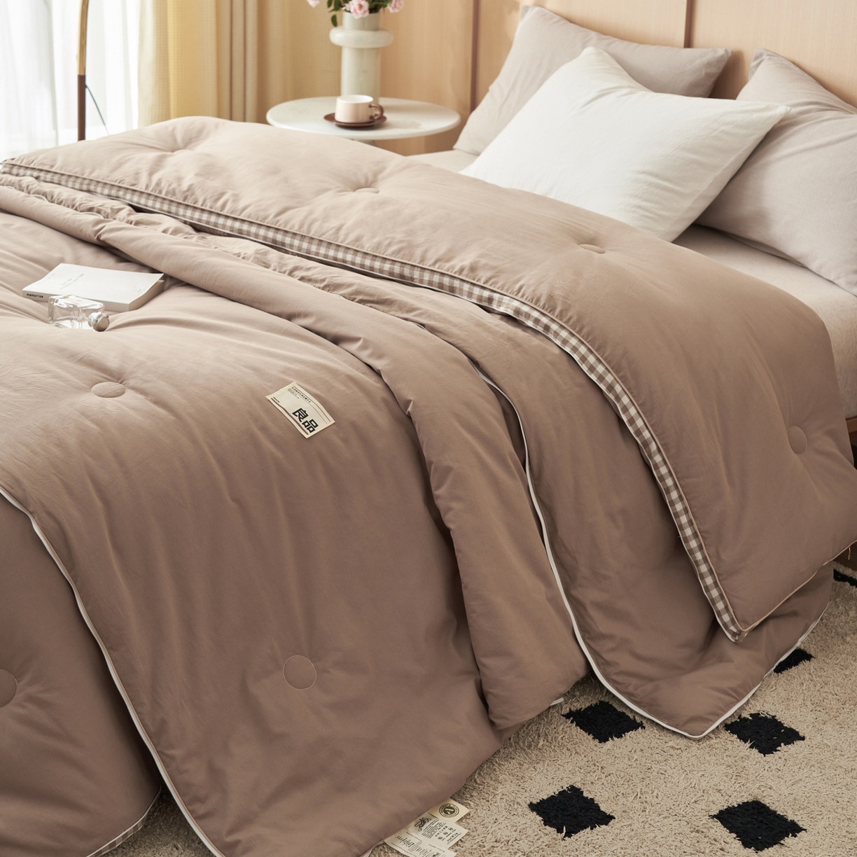 子由家居 2025新款无印风棋盘格立体大豆子母被被子被芯 棋盘格子母被-驼色