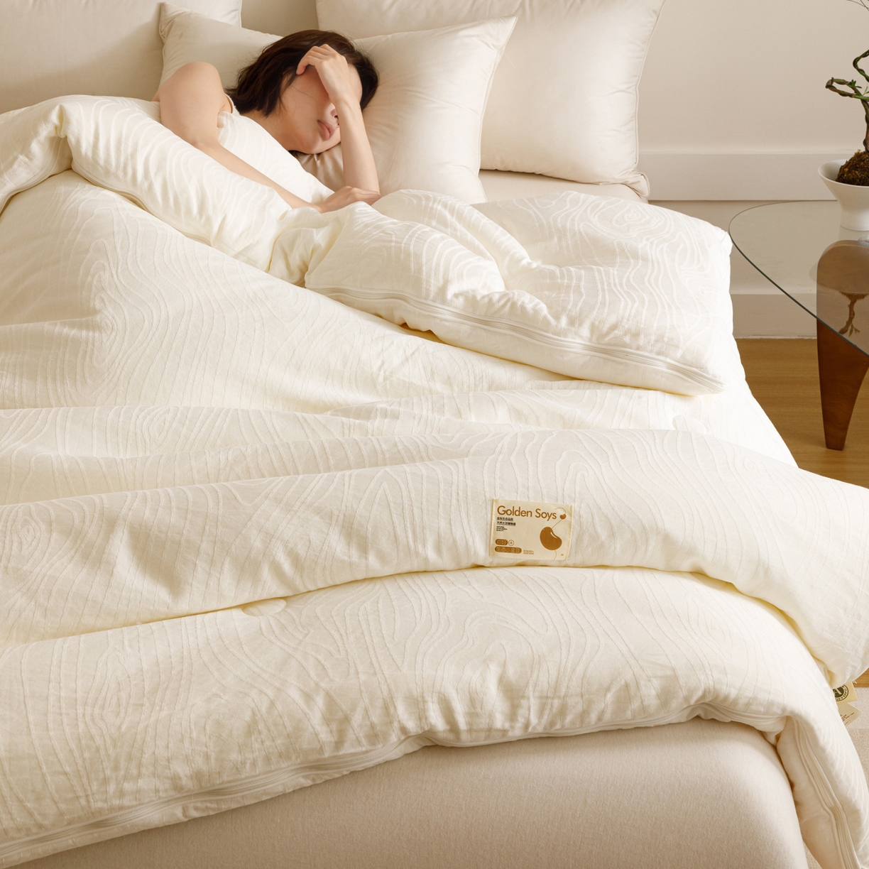 91家纺网 家纺一手货源 找家纺 子由家居 2025新款全棉纯棉水洗棉树纹大提花55大豆被被子被芯 树皮纹55子母被