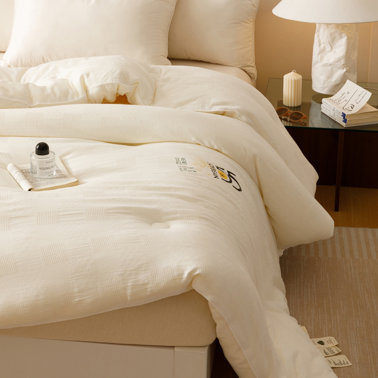 91家纺网 家纺一手货源 找家纺 （总）子由家居 2025新款纯棉水洗方格华夫格55大豆被-自然光