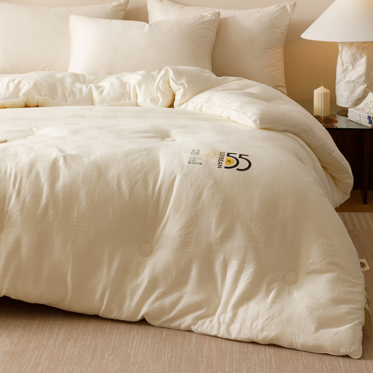 91家纺网 家纺一手货源 找家纺 （总）子由家居 2025新款纯棉水洗方格华夫格55大豆被-自然光