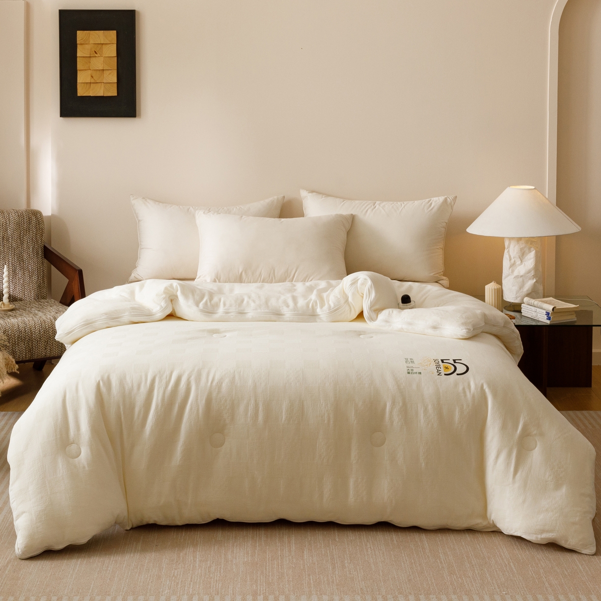 子由家居 2025新款纯棉水洗方格华夫格55大豆被-自然光 方格华夫格子母被