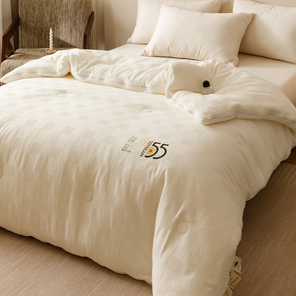 91家纺网 家纺一手货源 找家纺 子由家居 2025新款纯棉水洗方格华夫格55大豆被-自然光 方格华夫格子母被