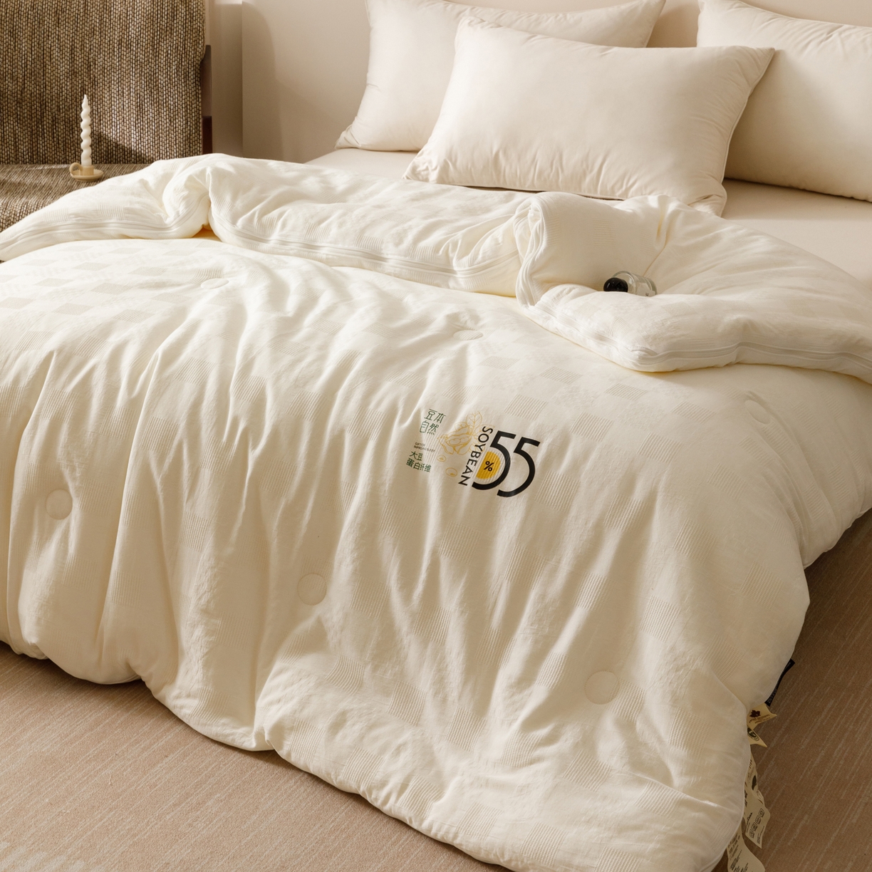 91家纺网 家纺一手货源 找家纺 子由家居 2025新款纯棉水洗方格华夫格55大豆被-自然光 方格华夫格子母被