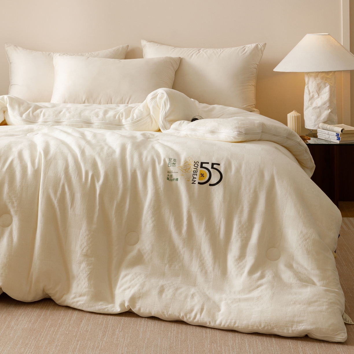 91家纺网 家纺一手货源 找家纺 子由家居 2025新款纯棉水洗方格华夫格55大豆被-自然光 方格华夫格子母被