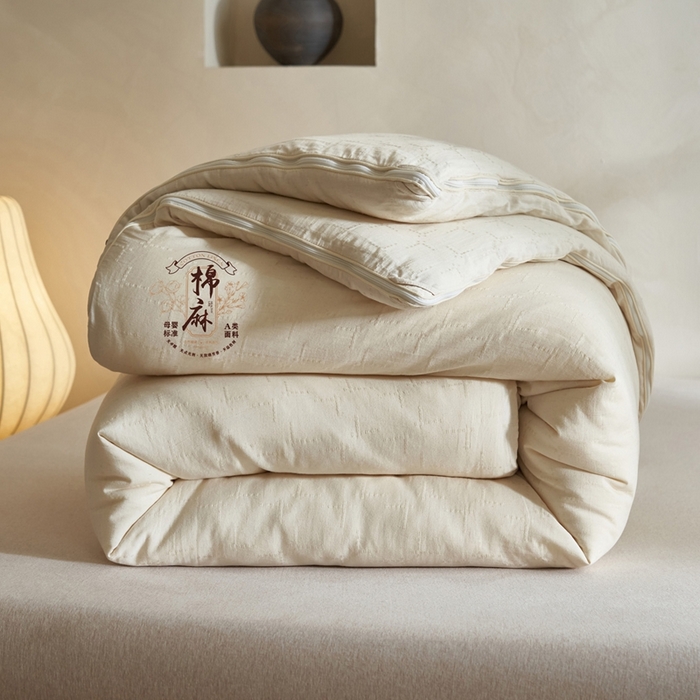 91家纺网 家纺一手货源 找家纺 子由家居 2025新款纯棉水洗棉麻提花55大豆被被子被芯 棉麻提花55子母被-简约风