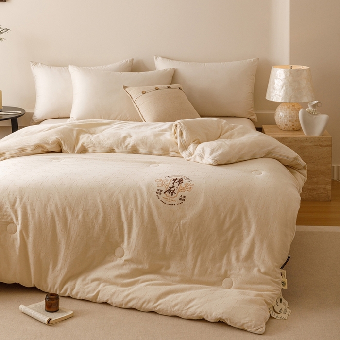 91家纺网 家纺一手货源 找家纺 子由家居 2025新款纯棉水洗棉麻提花55大豆被被子被芯 棉麻提花55子母被-自然光