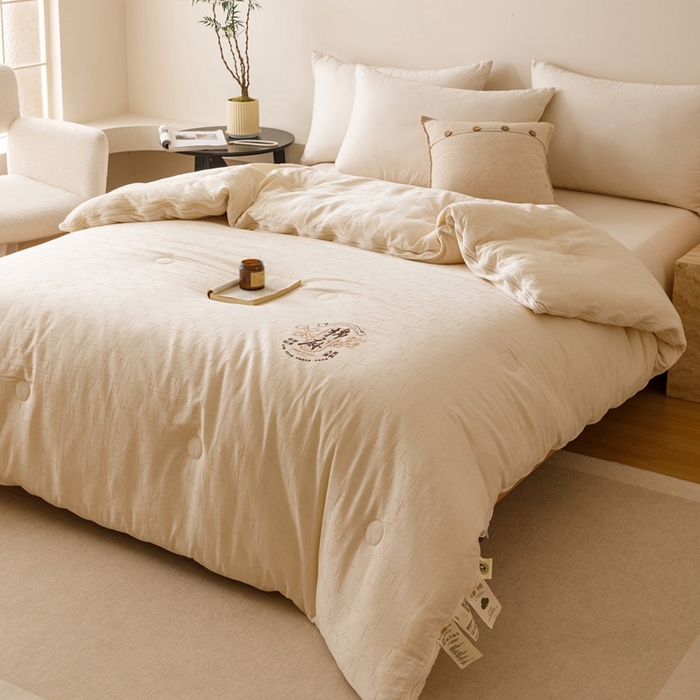 91家纺网 家纺一手货源 找家纺 子由家居 2025新款纯棉水洗棉麻提花55大豆被被子被芯 棉麻提花55子母被-自然光