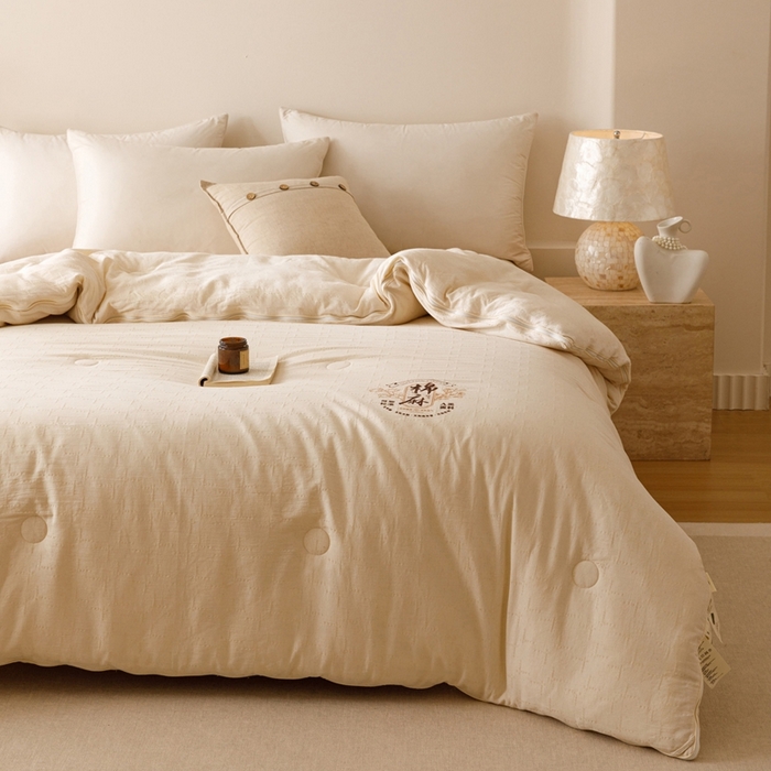 91家纺网 家纺一手货源 找家纺 子由家居 2025新款纯棉水洗棉麻提花55大豆被被子被芯 棉麻提花55子母被-自然光