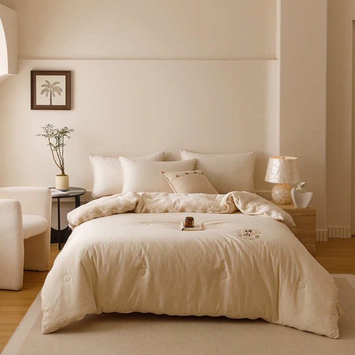 91家纺网 家纺一手货源 找家纺 子由家居 2025新款纯棉水洗棉麻提花55大豆被被子被芯 棉麻提花55子母被-自然光