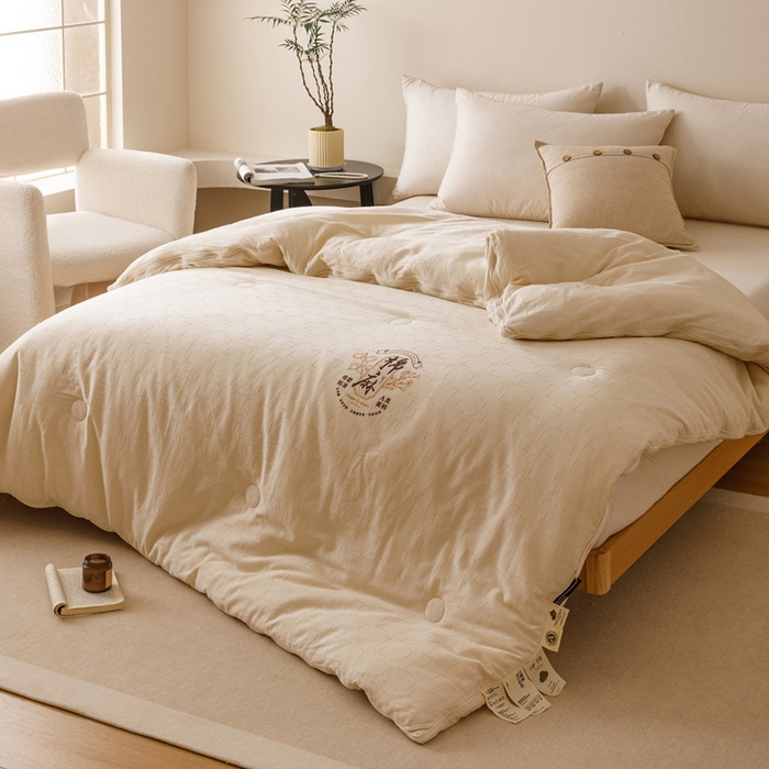 91家纺网 家纺一手货源 找家纺 子由家居 2025新款纯棉水洗棉麻提花55大豆被被子被芯 棉麻提花55子母被-自然光