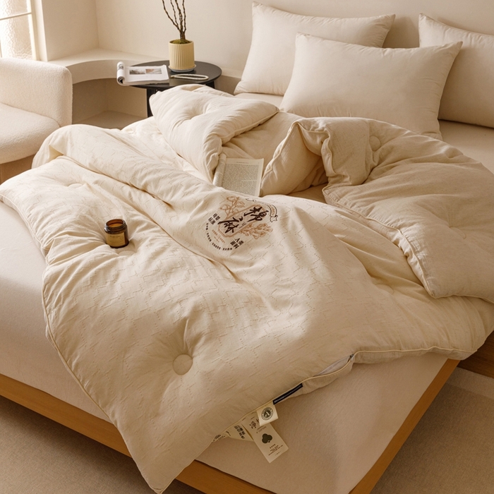 91家纺网 家纺一手货源 找家纺 子由家居 2025新款纯棉水洗棉麻提花55大豆被被子被芯 棉麻提花55大豆被-自然光