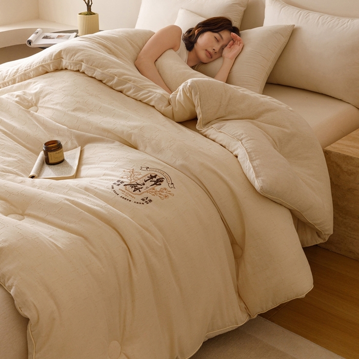 91家纺网 家纺一手货源 找家纺 子由家居 2025新款纯棉水洗棉麻提花55大豆被被子被芯 棉麻提花55大豆被-自然光