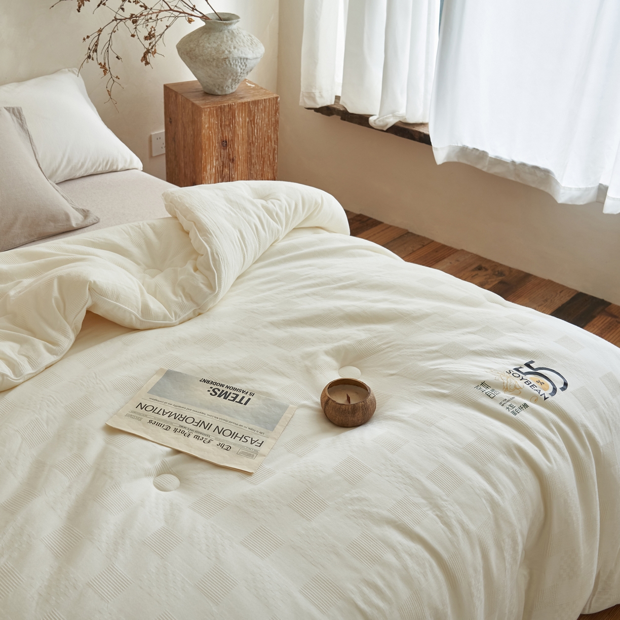 91家纺网 家纺一手货源 找家纺 （总）子由家居 2025新款纯棉水洗方格华夫格55大豆被被子被芯-简约风