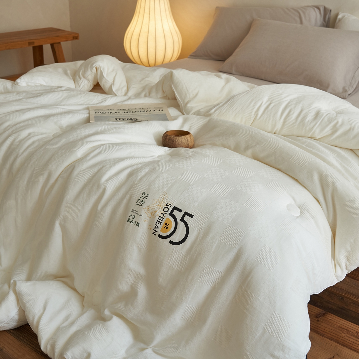 91家纺网 家纺一手货源 找家纺 子由家居 2025新款纯棉水洗方格华夫格55大豆被被子被芯-简约风 方格华夫格大豆被