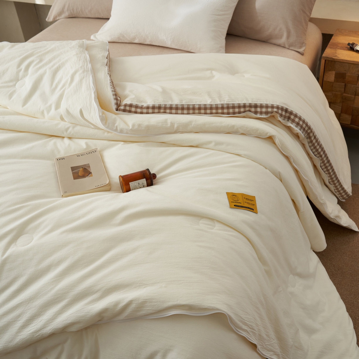 91家纺网 家纺一手货源 找家纺 子由家居 2025新款无印风棋盘格立体大豆被被子被芯 棋盘格-本白