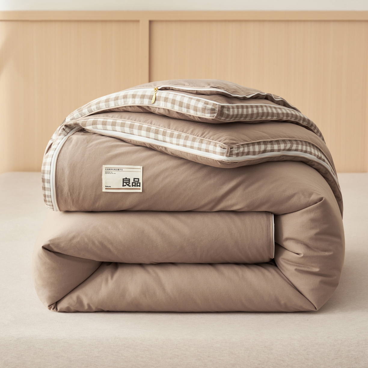 子由家居 2025新款无印风棋盘格立体大豆被被子被芯 棋盘格-米驼