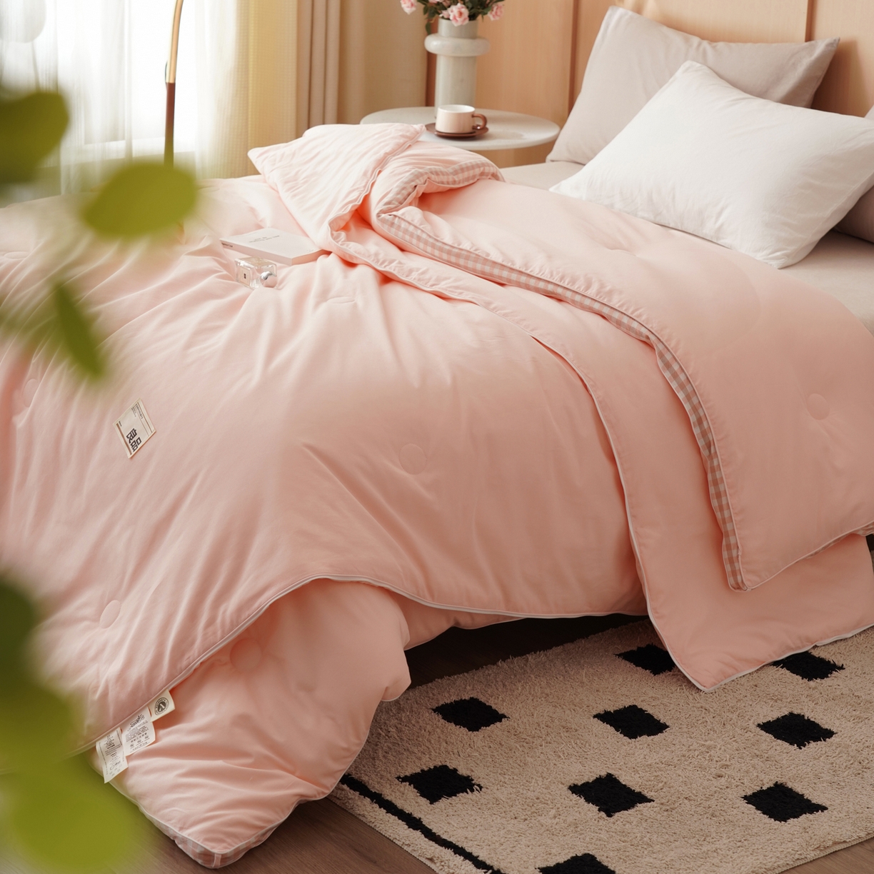 91家纺网 家纺一手货源 找家纺 子由家居 2025新款无印风棋盘格立体大豆被被子被芯 棋盘格-浅粉